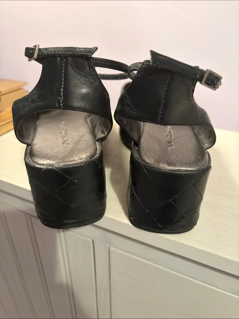 Vintage- Black Open-Toe Ankle Strap Wedge Sandals